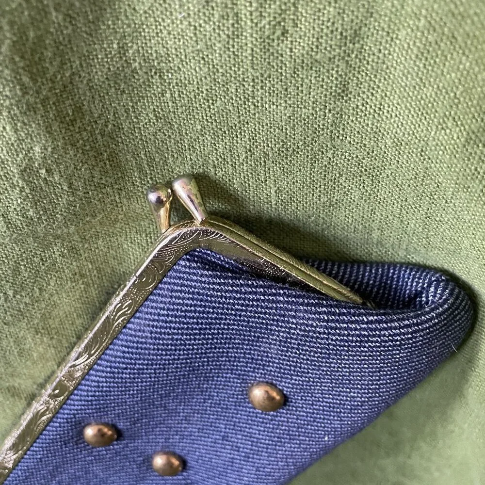 70s Vintage Navy Blue Denim & Gold Kisslock Eyeglass Case With Brass Studs